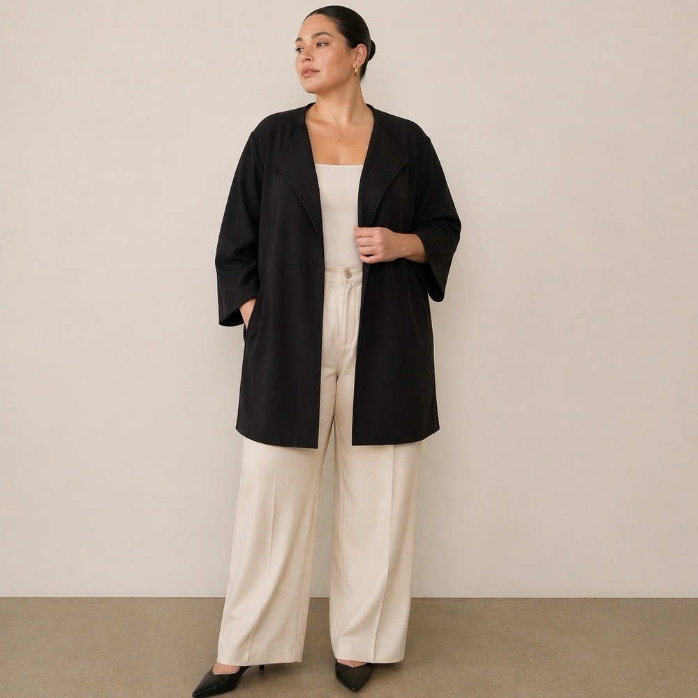 NWT Nine West Black Open Front Jacket Duster L Kimono Sleeve Minimalist Career